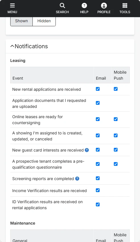 AppFolio on a phone: My Settings → Notifications, with the Email and Mobile Push boxes