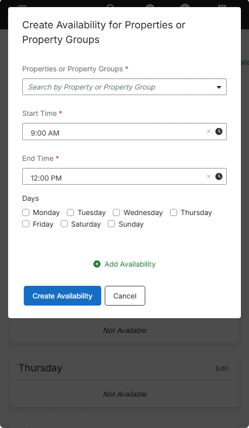 3 · Alabama, start and end time, the days, then Create Availability