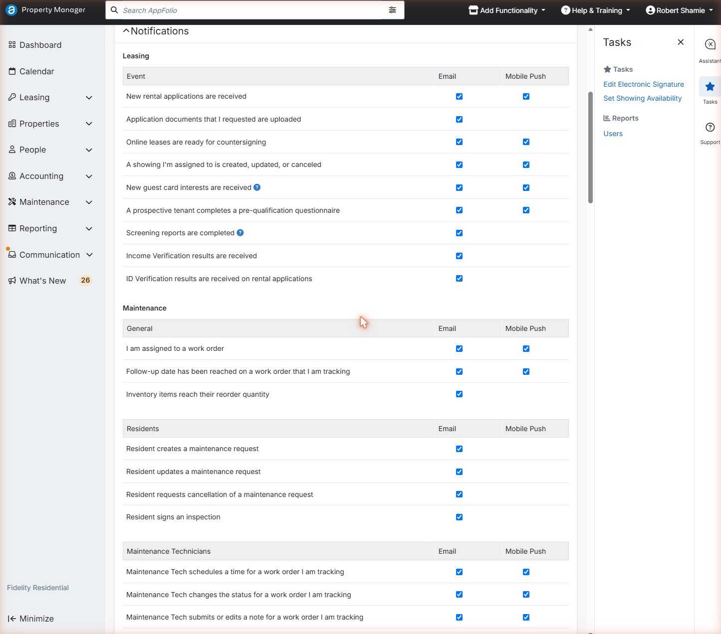 My Settings, Notifications section: Leasing events with Email and Mobile Push checkboxes
