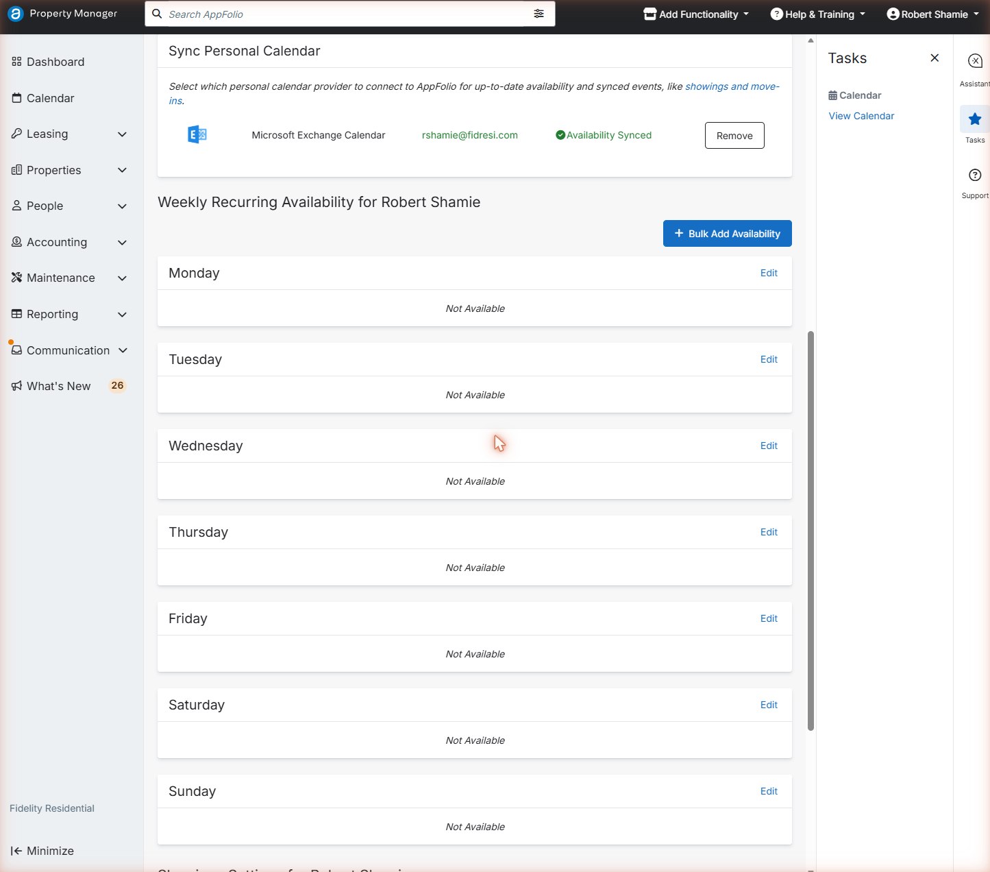 Weekly Recurring Availability list, each day Not Available, with Bulk Add Availability button