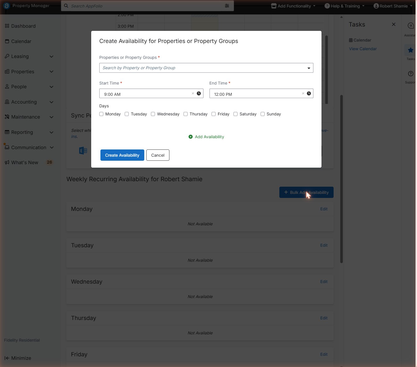 Create Availability dialog with properties field, start and end time and days of week