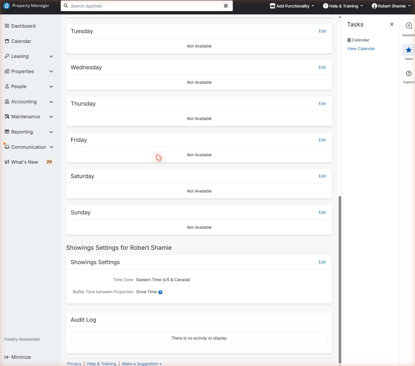 Showings Settings section with time zone, buffer time and drive time