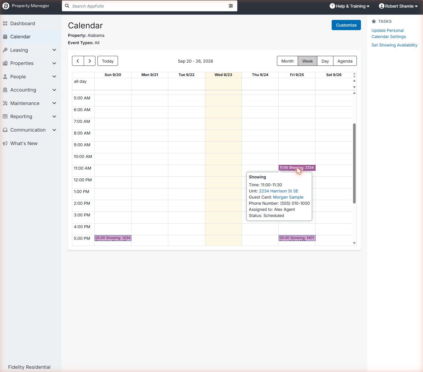 Calendar week view with a showing popup showing time, unit, guest card, phone, assigned agent and status