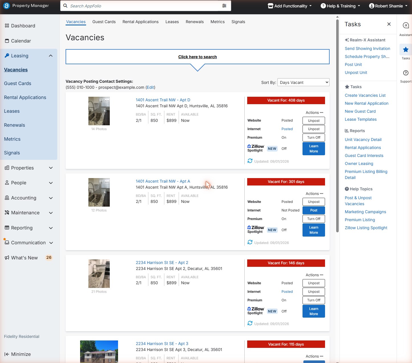 Vacancies page listing homes with rent, beds, baths and posting controls