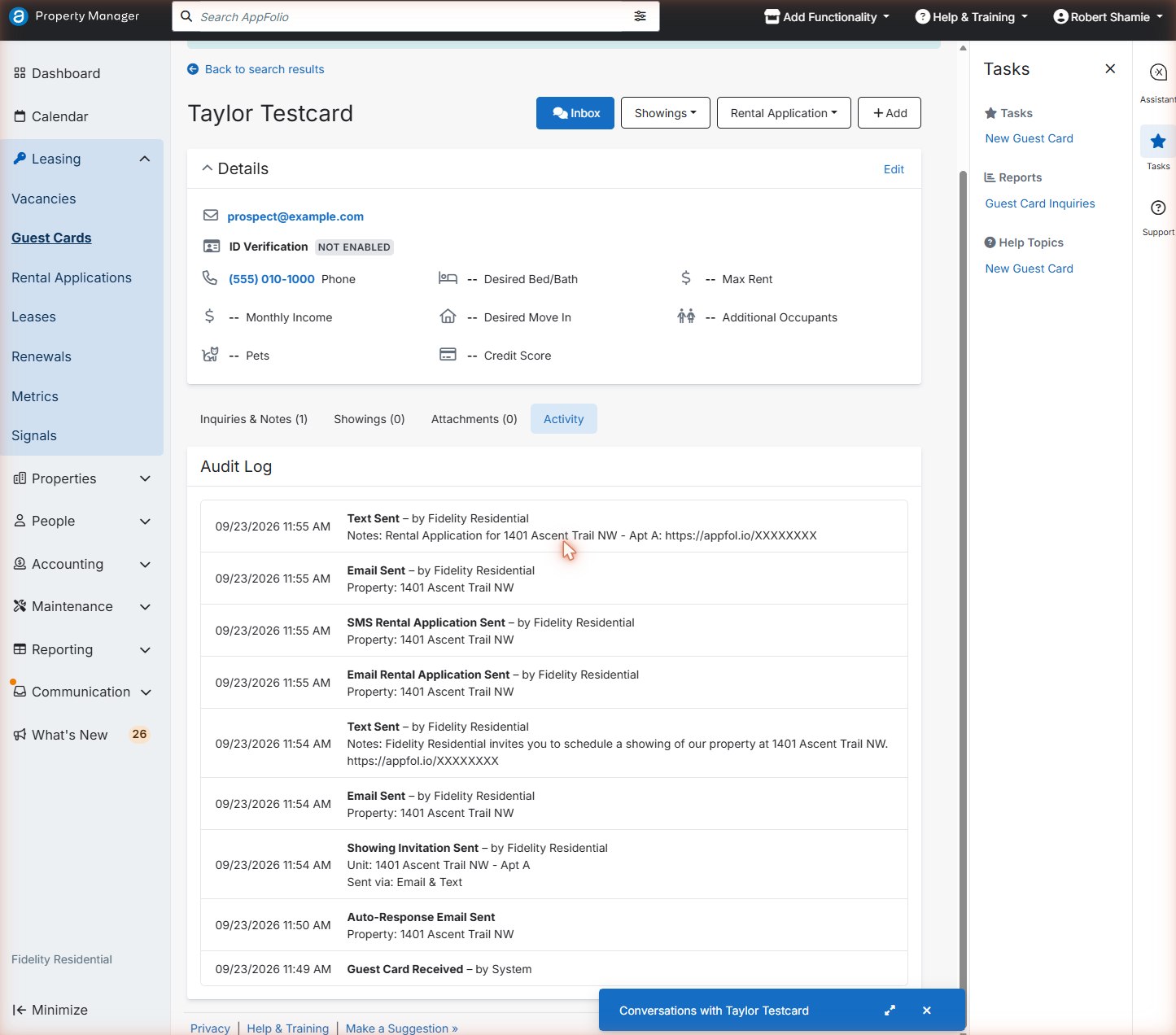 Guest card Activity audit log listing showing invitation, rental application, texts and emails sent by Fidelity Residential