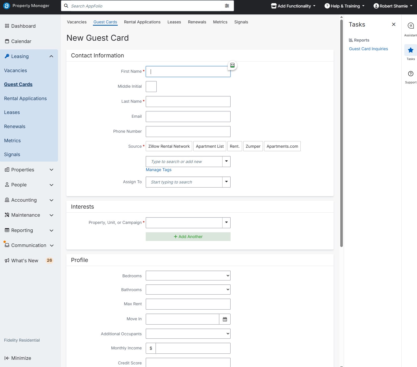 New Guest Card form with contact information, source, assign to and interests