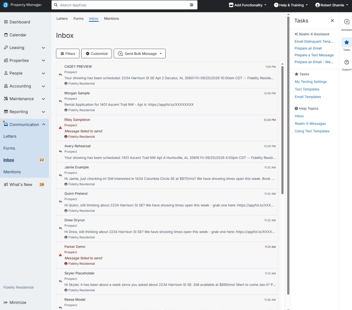 Inbox list of conversations with names, prospect or tenant labels and message previews