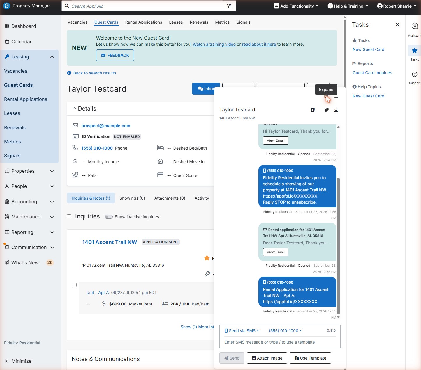 Conversation panel with automatic showing invitation and rental application texts and a message box