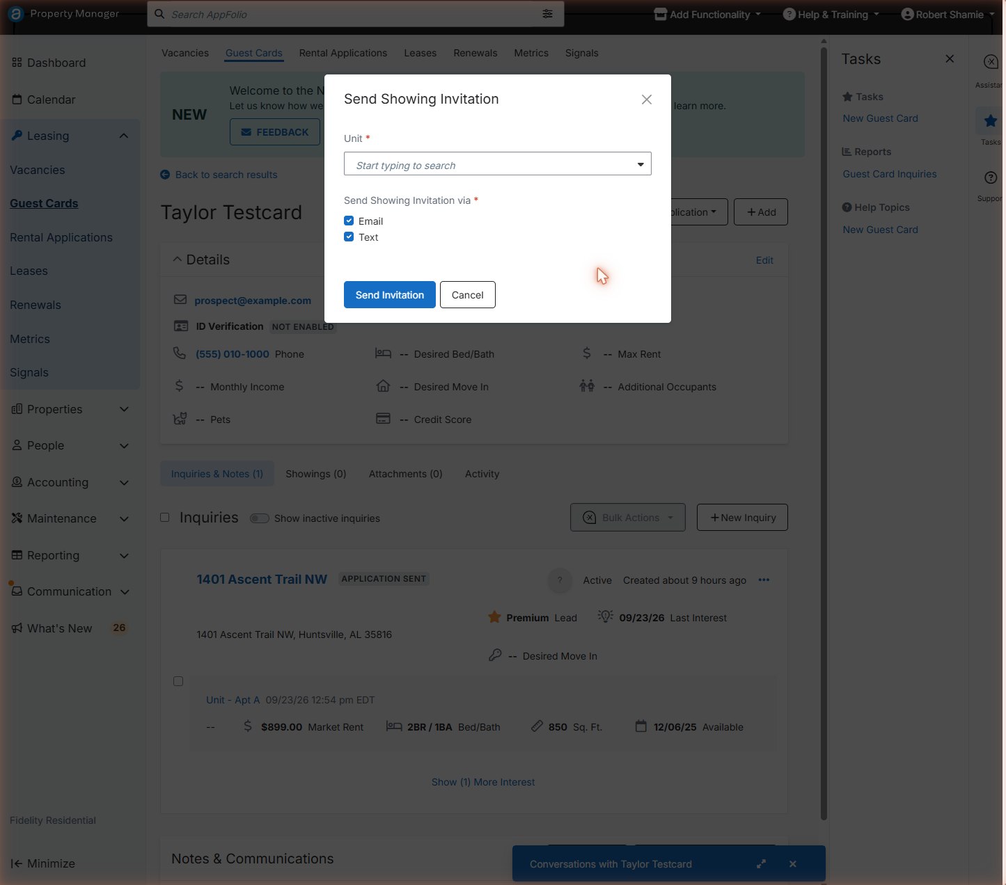Send Showing Invitation dialog with unit field and email and text checkboxes