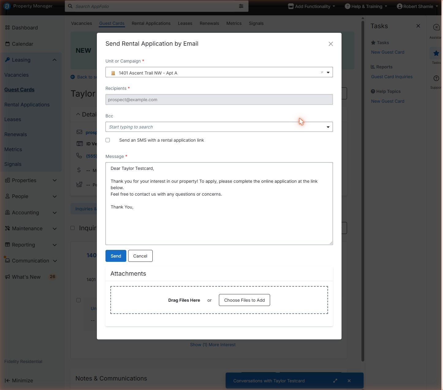Send Rental Application by Email dialog with unit, recipients, SMS option and message