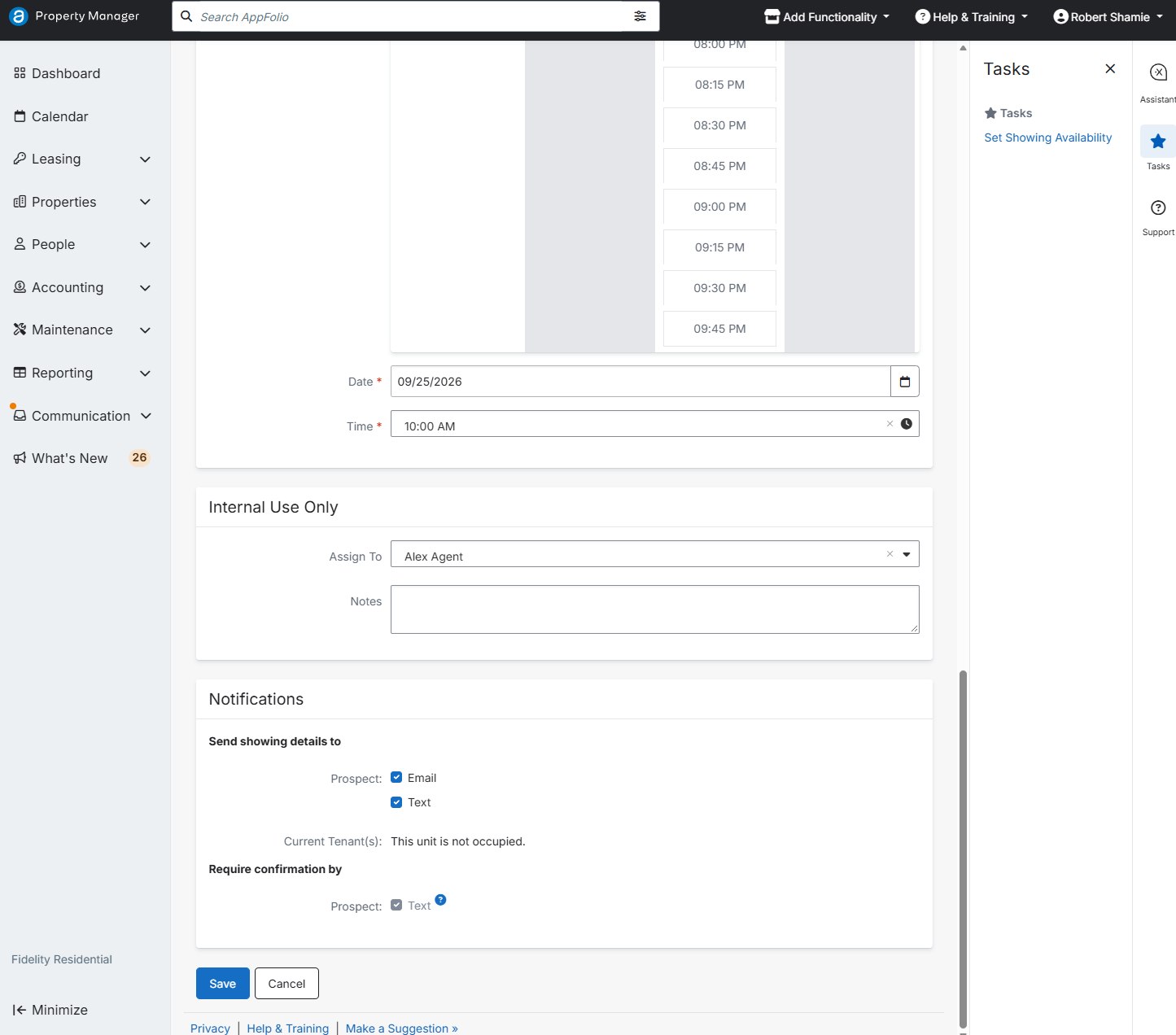 Edit Showing form bottom with date, time, assign to, notes, notifications and Save