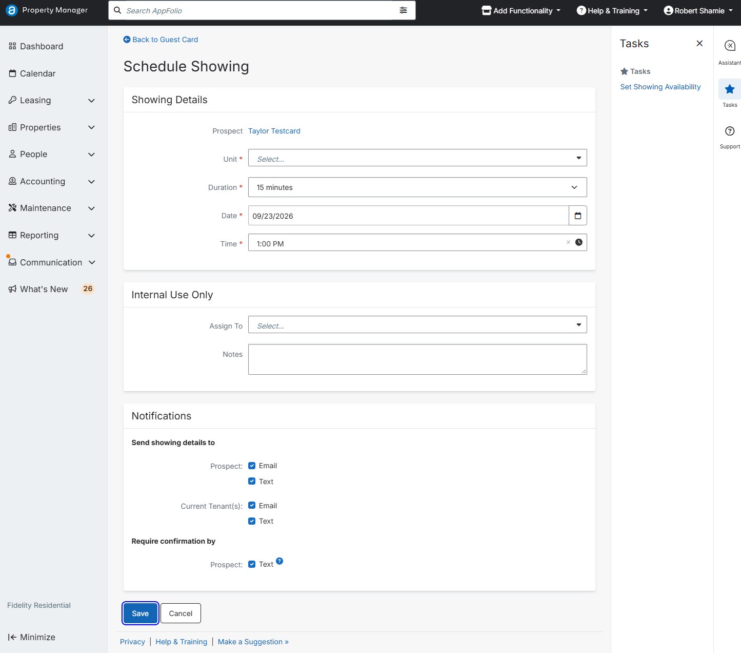 Schedule Showing form with unit, duration, date, time, assign to and notifications