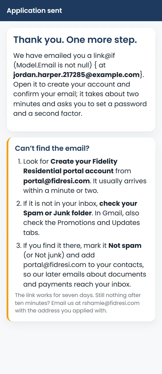 Application sent, with a reminder to check Spam