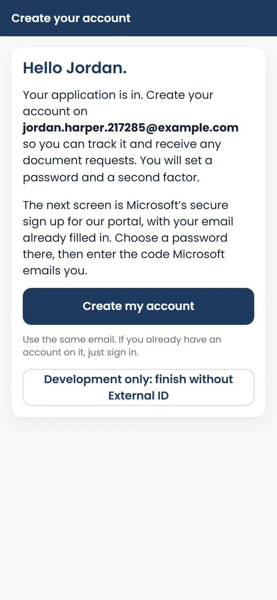 The create your account page