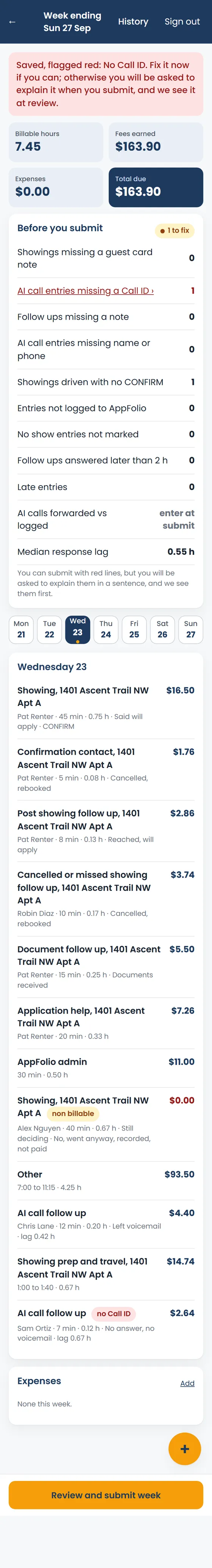 A week with a red flagged entry