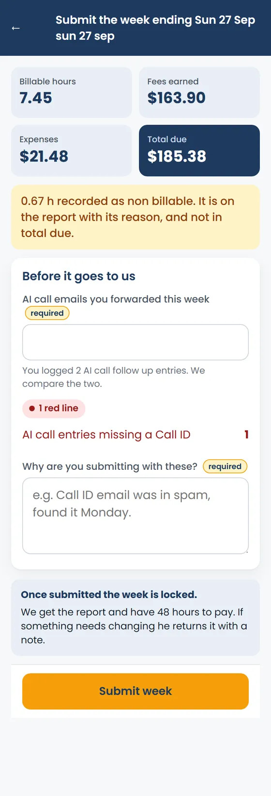 Submitting a week, with a red line explained