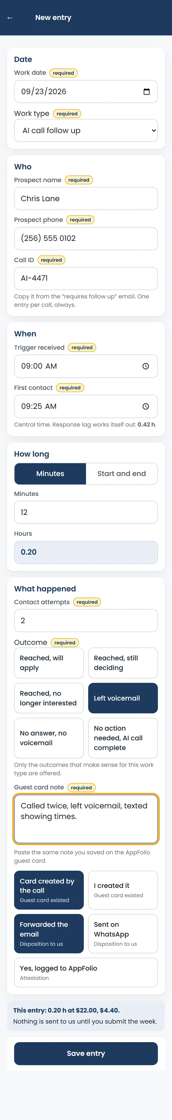 An AI call follow up entry