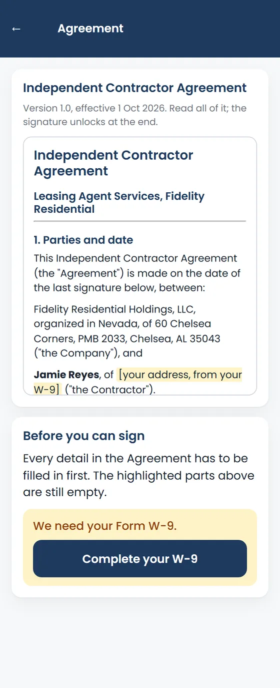 The Agreement waiting for the W-9
