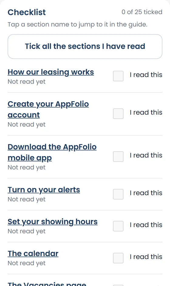The checklist of guide sections on a phone