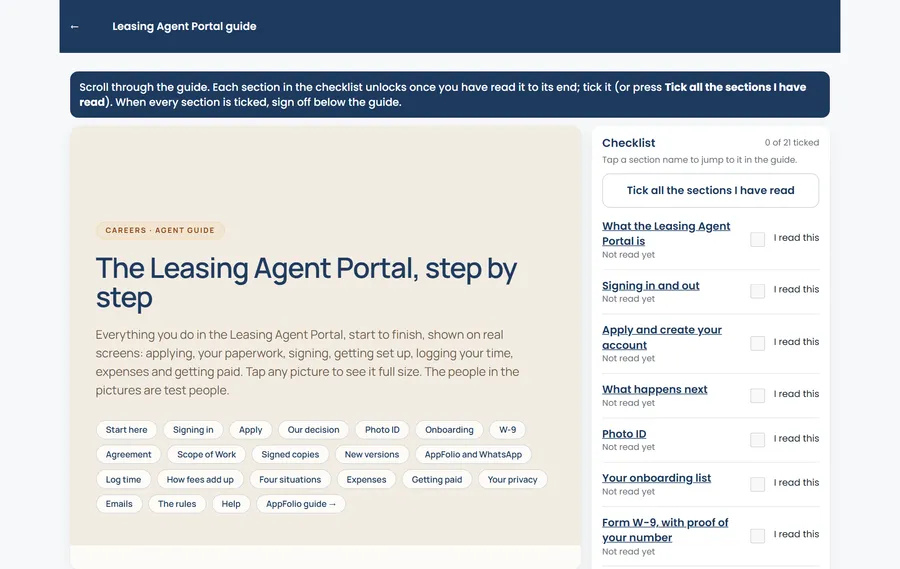 A guide in the portal with its checklist beside it