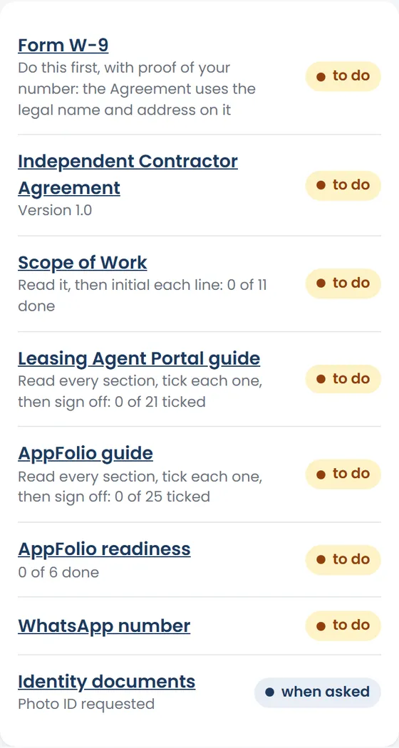 The onboarding list, every step to do