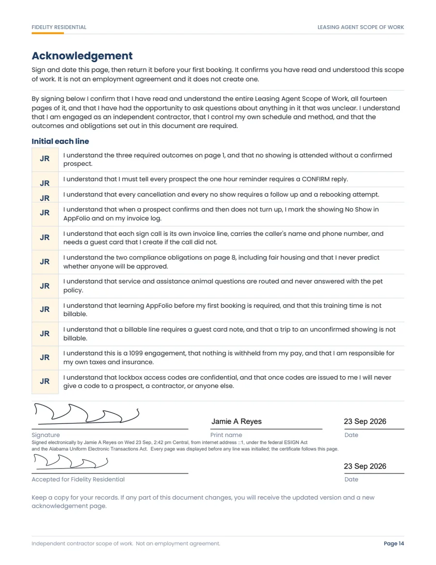 The Scope of Work acknowledgement page, initialled and signed