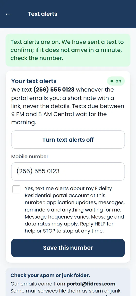 The Text alerts page with a mobile saved